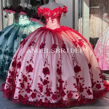 Angelsbridep Красное Бальное Платье Пышные Платья С открытыми Плечами 3D Цветы 2023 Принцесса Vestido De 15 Anos Сладкие 16 Платьев Gala