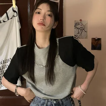 Deeptown Винтажная футболка Harajuku с коротким рукавом, женская уличная одежда корейской моды в стиле пэчворк, Летняя эстетичная одежда Оверсайз 0