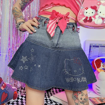 Kawaii Sanrios Hello Kitty Милый Мультфильм Милая Горячая Девушка Сексуальная джинсовая короткая юбка Аниме Со стразами Ретро Короткая юбка Подарок на День Рождения