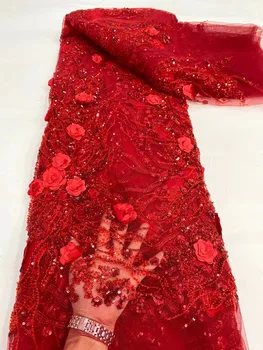 Высококачественная модная Африканская тюлевая кружевная ткань с вышивкой в виде 3D цветов и пайеток для пошива свадебного платья CD55111