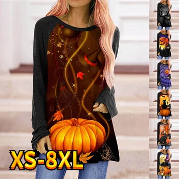 Женская футболка с рисунком тыквы на Хэллоуин, активная уличная одежда с длинным рукавом и круглым вырезом Essential Basic XS-8XL