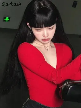 Женские футболки с длинным рукавом, V-образный вырез без спинки, красный вязаный однотонный дизайн, Корейская одежда Y2k, готическая мода, модная повседневная одежда
