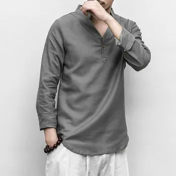 Мужская летняя хлопковая и льняная футболка с v-образным вырезом в винтажном китайском стиле, мужской воротник-стойка, большие размеры 5XL, футболки с длинным рукавом, уличная одежда