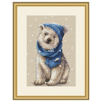 Набор для вышивания крестиком Gold Collection Белый медведь в синей шапке Животное Зимой Идет снег