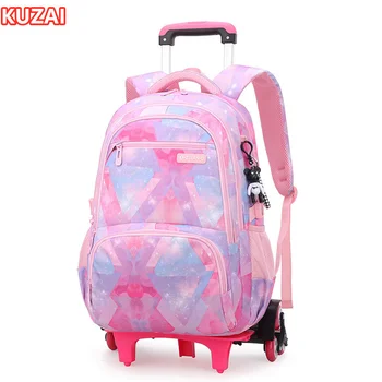 Школьный рюкзак-тележка для учащихся начальных классов KUZAI на 6 колесах, милые сумки для начальной школы для девочек, рюкзак на колесиках для детей