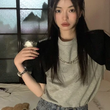 Deeptown Винтажная футболка Harajuku с коротким рукавом, женская уличная одежда корейской моды в стиле пэчворк, Летняя эстетичная одежда Оверсайз 1