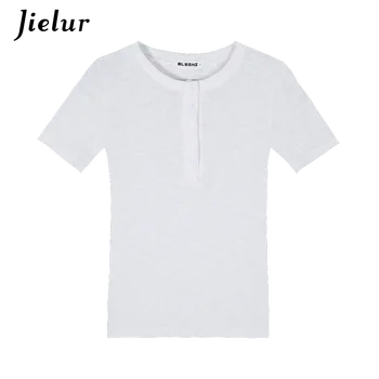 Женская нижняя футболка Jielur на тонких пуговицах с короткими рукавами, Лето 2021, Футболки с круглым вырезом в корейском стиле для женщин, Однотонный топ 5